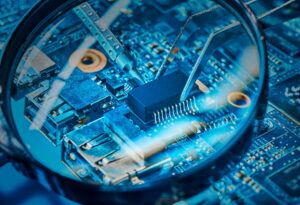 Nella foto, alcuni elementi di un microchip posti sotto una lente di ingrandimento.