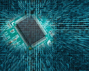 Quando si lavora alla progettazione di microchip si lavora essenzialmente a un'unità di circuito. Nella foto un circuito circondato da un flusso di cariche e impulsi elettrici.