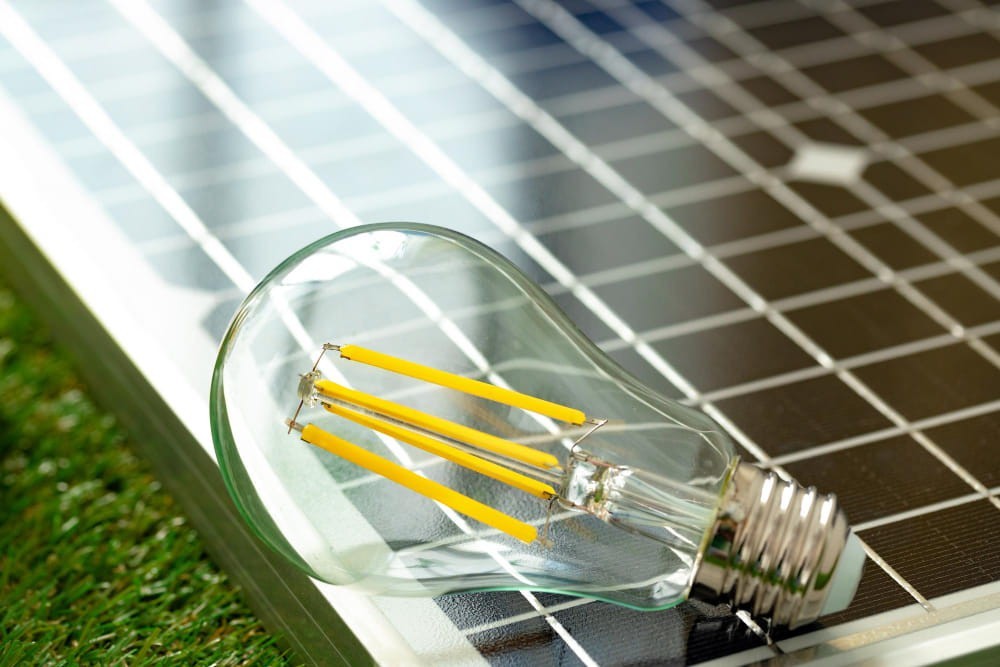 Una lampadina con filamento a vista appoggiata su un pannello fotovoltaico, a simboleggiare l'integrazione dei circuiti elettrici con le fonti di energia rinnovabile.