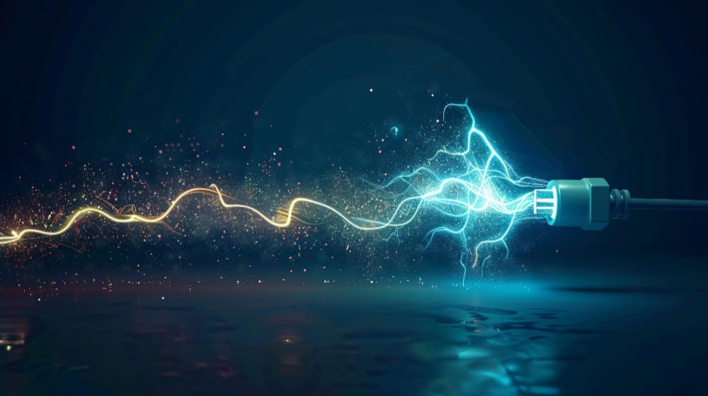 Una spina elettrica che genera un arco di scariche elettriche blu e dorate, a simboleggiare l'evoluzione tecnologica dei circuiti elettrici.